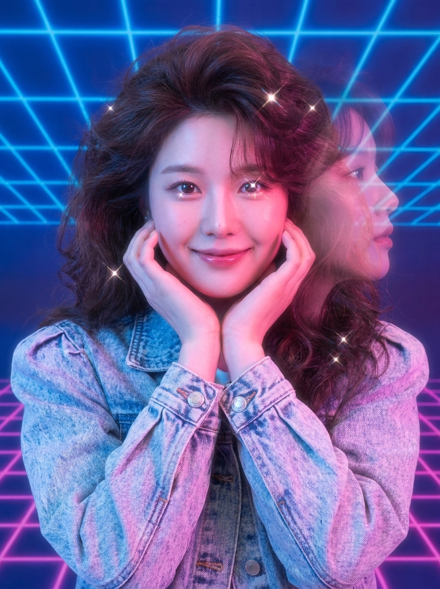 80s Mall Glamour Shot AI photo style example generated with Elyra — Laser backdrop, big hair, unapologetic soft focus.
