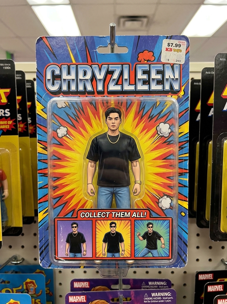 Action Figure Blister Pack AI photo style example generated with Elyra — Carded 90s action figure — unpunched, mint condition.