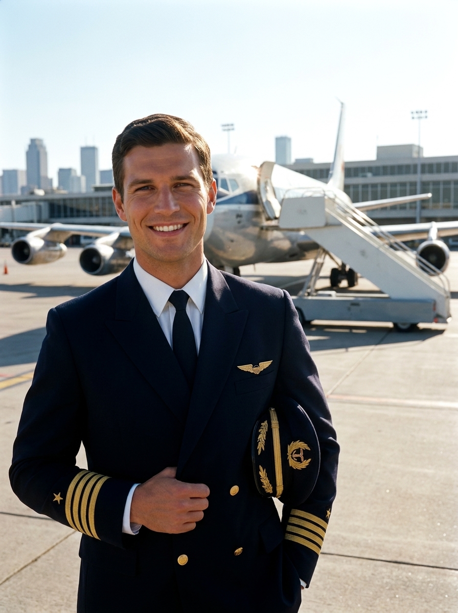 Golden Age Pilot AI photo style example generated with Elyra — Pan-Am era captain with the tarmac behind you.