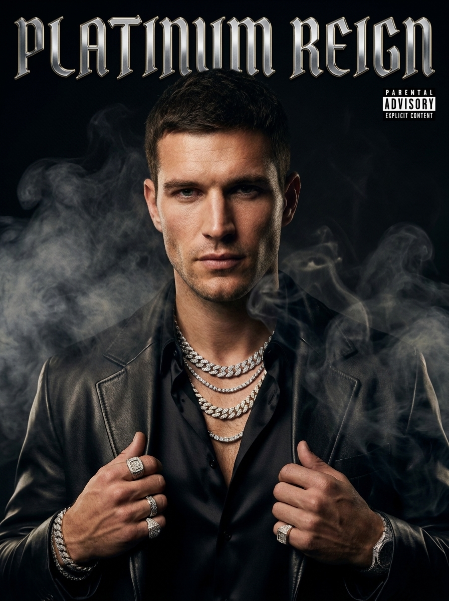 Platinum Album Cover AI photo style example generated with Elyra — Chains, smoke, and a debut that went triple platinum.