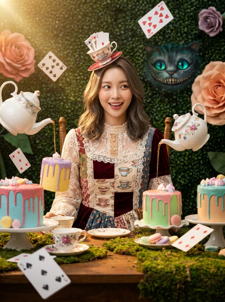 Wonderland Tea Party AI photo style example generated with Elyra — Impossible teacups, floating cards, curiouser you.