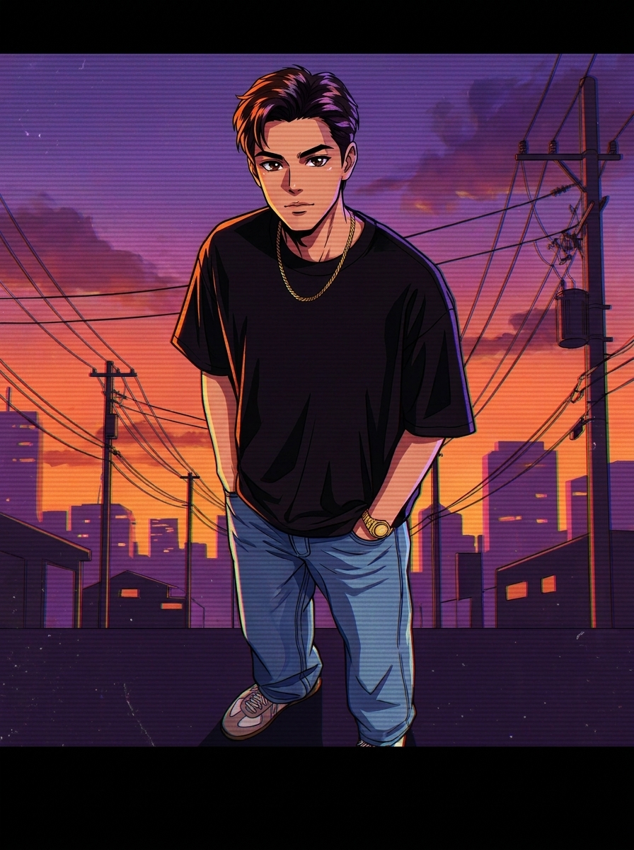 90s Anime Cel AI photo style example generated with Elyra — VHS-era anime with cel shine and dramatic speed lines.
