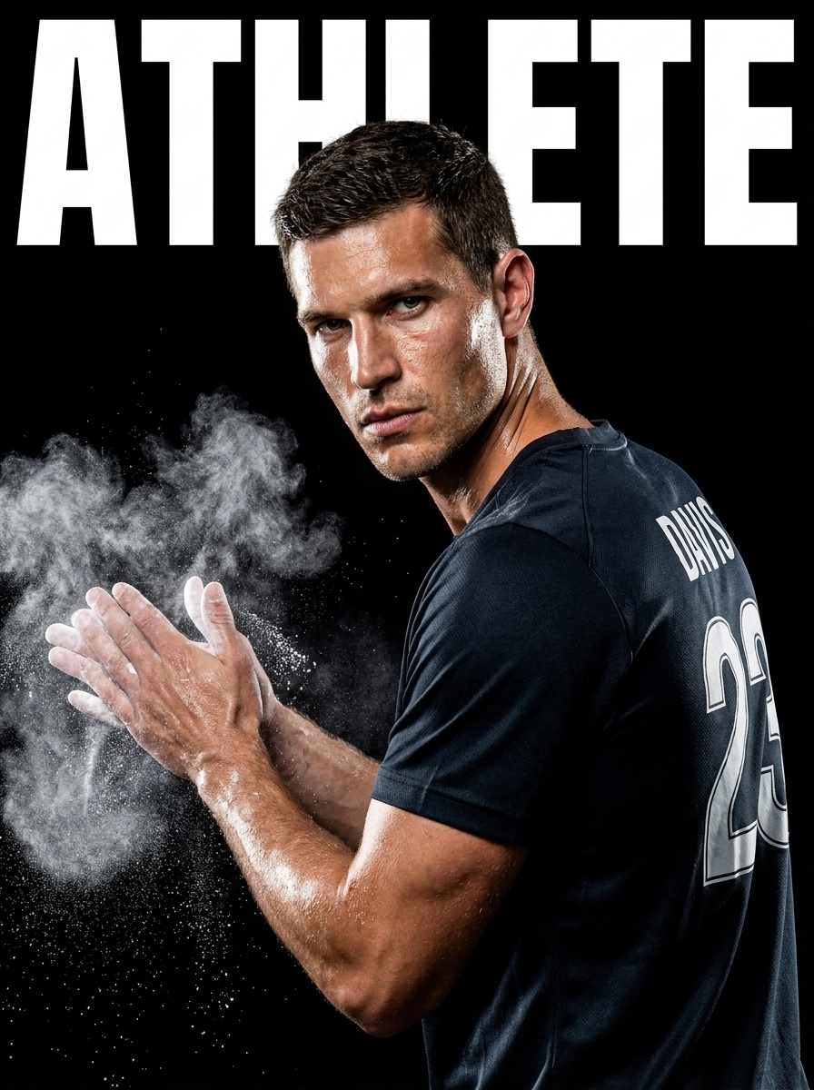 Sports Cover Athlete AI photo style example generated with Elyra — Sweat, chalk dust, and championship-issue intensity.