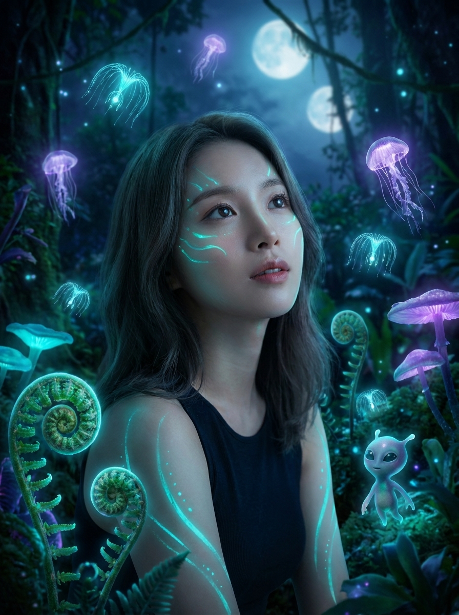 Bioluminescent World AI photo style example generated with Elyra — Glowing flora, luminous markings, alien moonlight.
