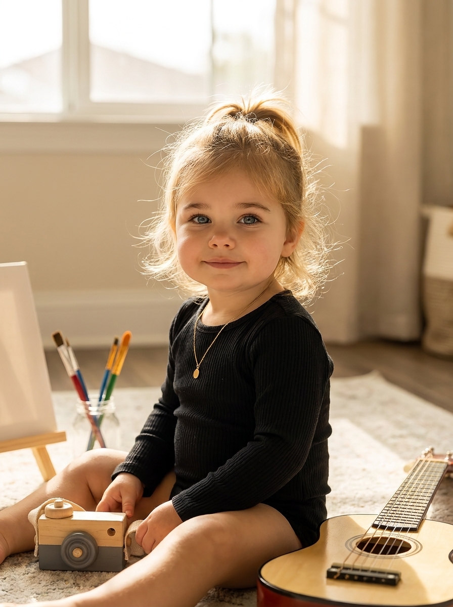 Baby Version AI photo style example generated with Elyra — You at age 2 — chubby cheeks, same exact energy.