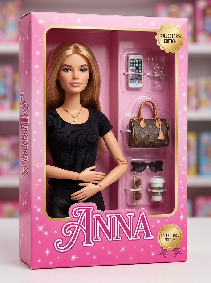 Doll In The Box AI photo style example generated with Elyra — Life in plastic — your own fashion-doll packaging.