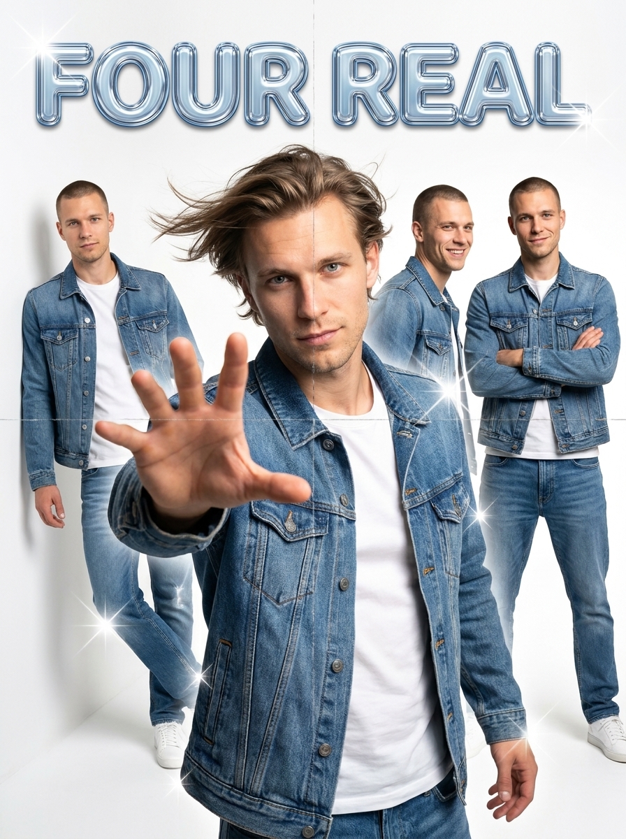 2000s Boy Band Poster AI photo style example generated with Elyra — Frosted tips optional. Wind machine mandatory.