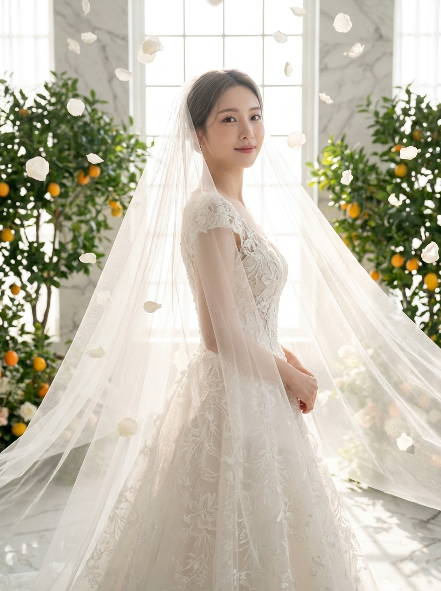 Bridal Editorial AI photo style example generated with Elyra — Cathedral veil, floating tulle, once-in-a-lifetime light.