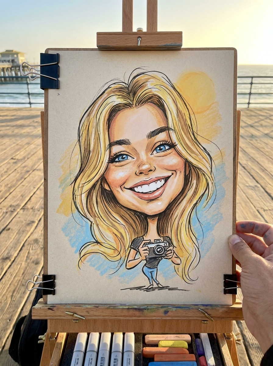 Street Caricature AI photo style example generated with Elyra — Boardwalk artist's exaggeration — huge grin, tiny body.