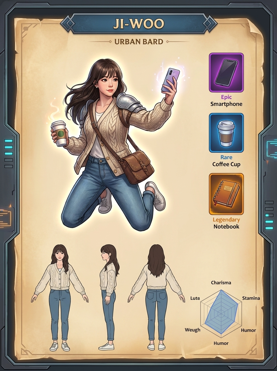 RPG Character Sheet AI photo style example generated with Elyra — Full character reference — turnarounds, stats, and gear.