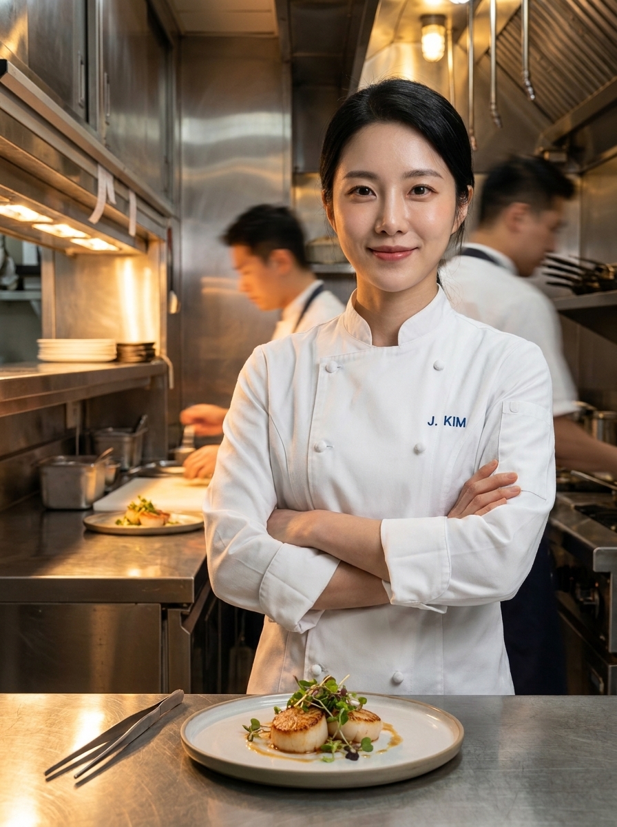 Michelin Chef AI photo style example generated with Elyra — Whites, steel counters, and plating like jewelry.