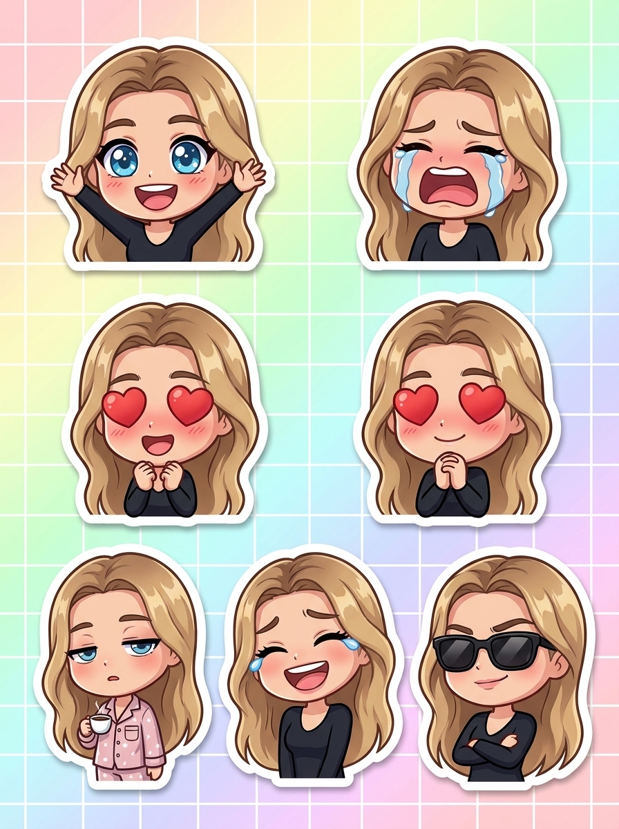 Chibi Sticker Pack AI photo style example generated with Elyra — Six tiny yous with six big moods — peel and share.