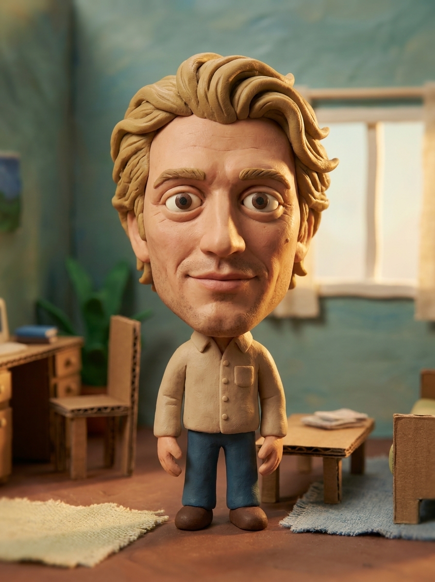 Claymation Character AI photo style example generated with Elyra — Aardman-style plasticine you with thumbprints and all.