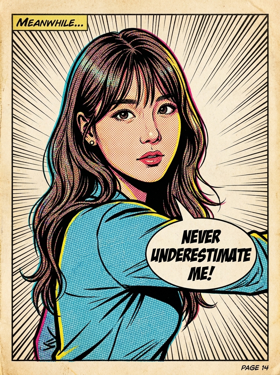 Comic Book Panel AI photo style example generated with Elyra — Halftone dots, action lines, and your own speech bubble.