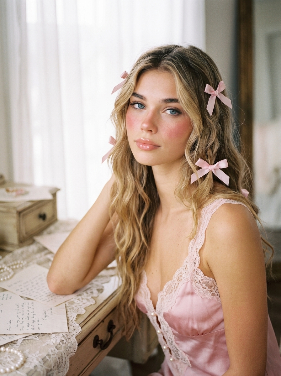 Coquette Dreams AI photo style example generated with Elyra — Ribbon bows, pearl light, hyper-feminine softness.