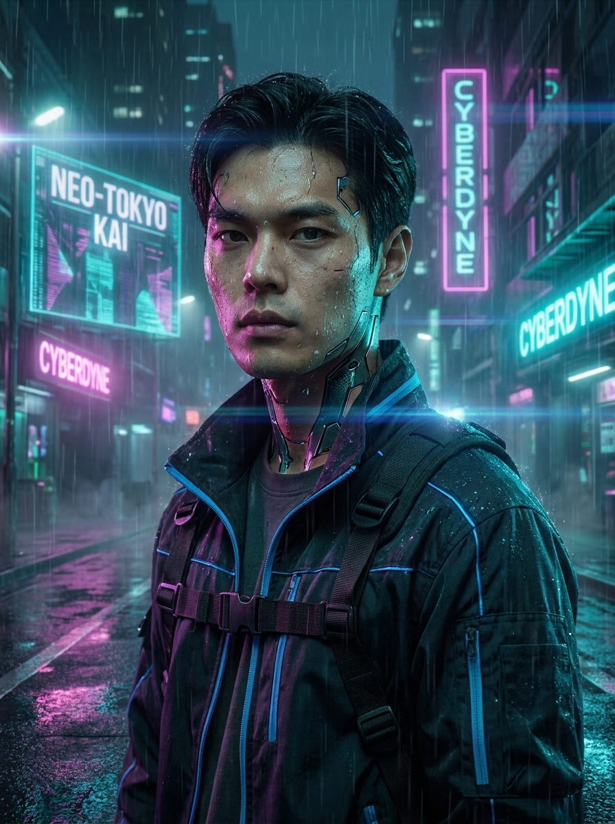 Cyberpunk Mercenary AI photo style example generated with Elyra — Neon rain, chrome implants, night city attitude.