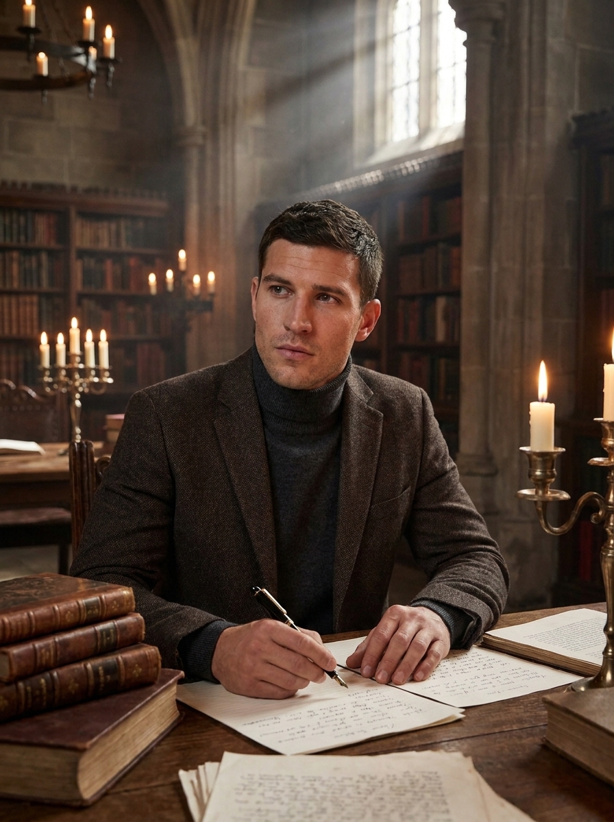Dark Academia AI photo style example generated with Elyra — Candlelit libraries, tweed, and beautiful obsession.