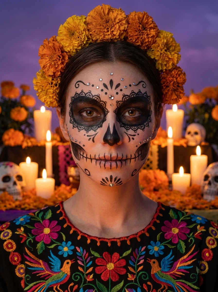 Día de Muertos AI photo style example generated with Elyra — Sugar-skull artistry and marigold candlelight.