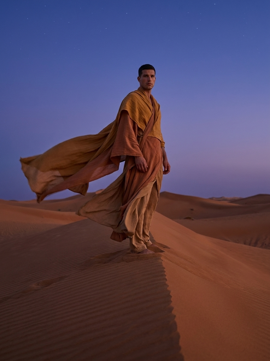 Desert Editorial AI photo style example generated with Elyra — Flowing fabric against infinite dunes at blue hour.