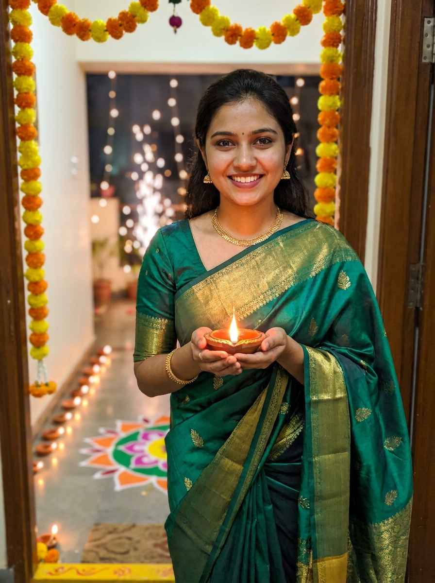 Diwali Glow AI photo style example generated with Elyra — Diyas, marigolds, and festive silk shimmering in flame light.
