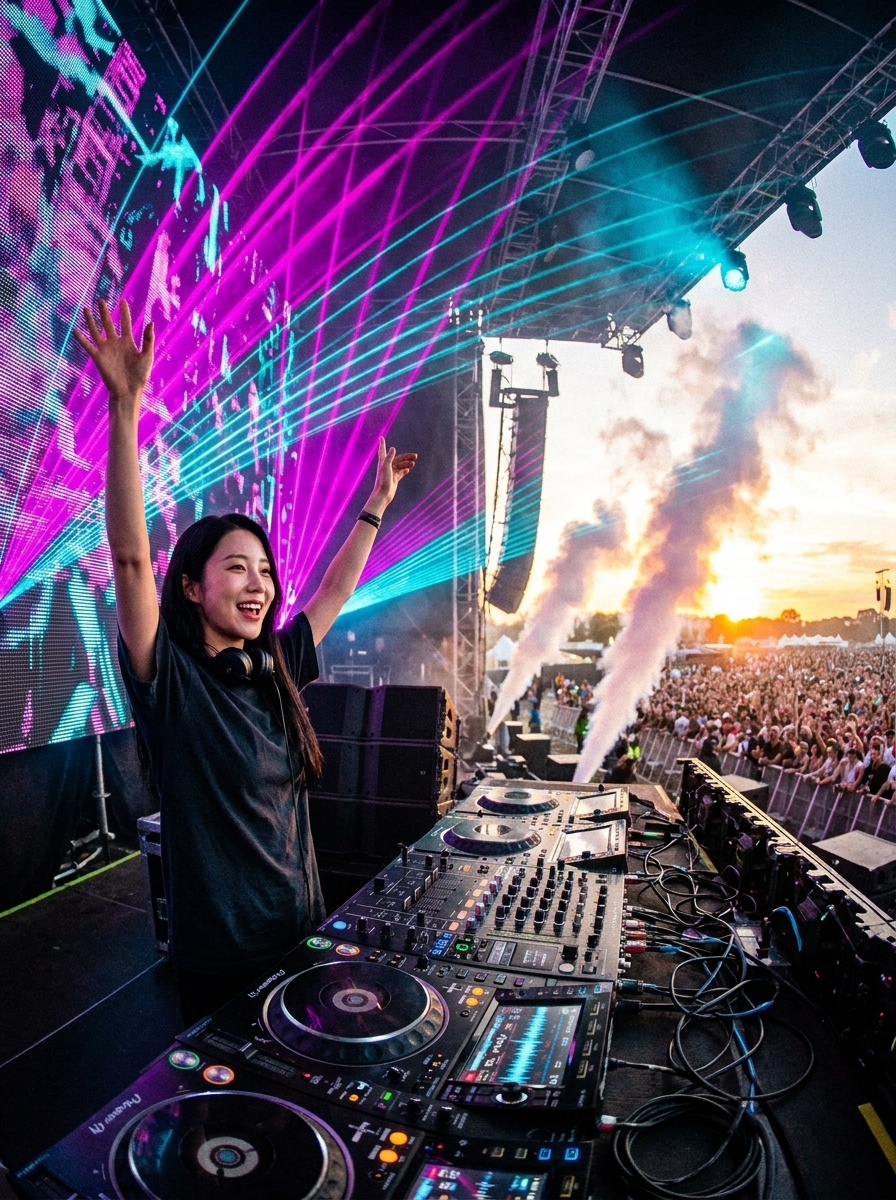 Festival Headliner DJ AI photo style example generated with Elyra — Hands up, lasers out, main-stage sunrise set.