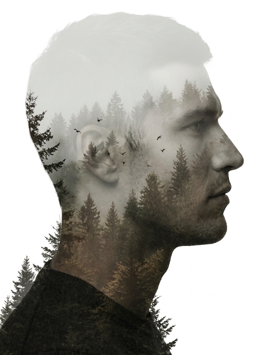 Double Exposure AI photo style example generated with Elyra — A forest breathing inside your silhouette.