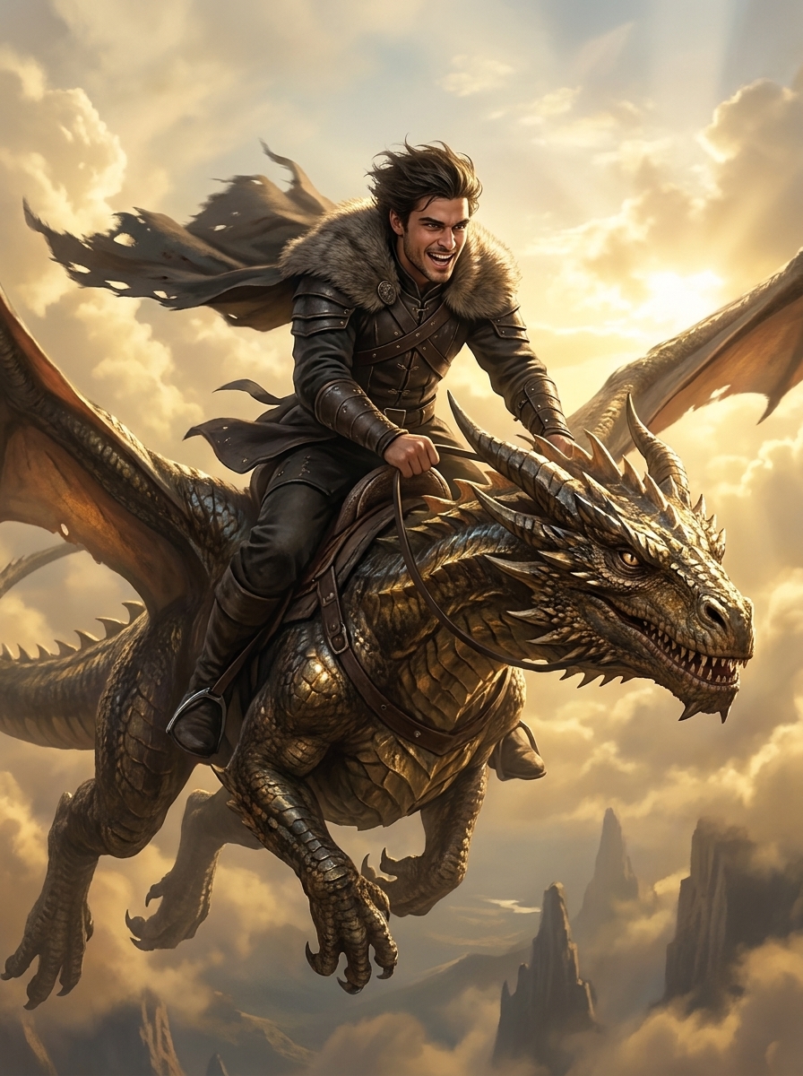 Dragon Rider AI photo style example generated with Elyra — Wind-whipped and fearless above the cloud line.