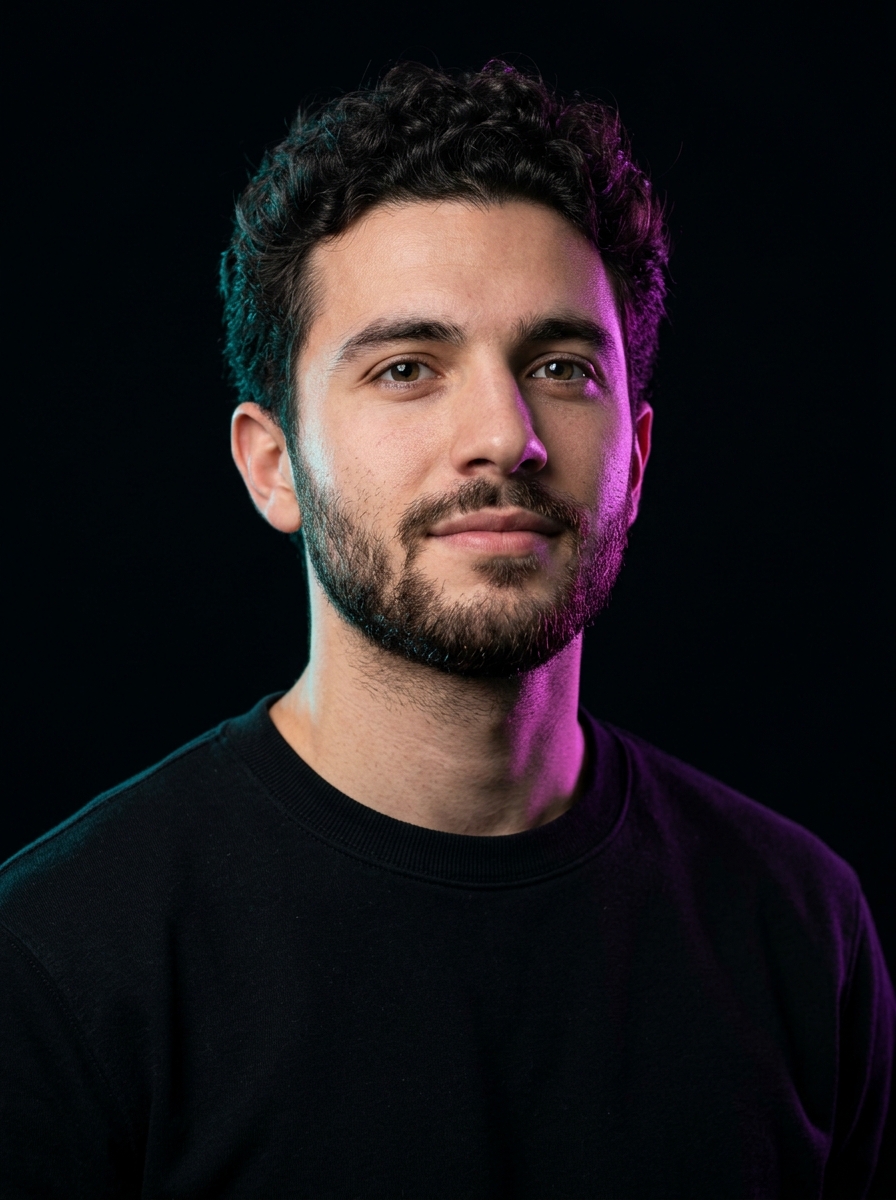 Dramatic Studio Glow AI photo style example generated with Elyra — Bold cinematic portraits with striking color contrast and premium studio lighting.