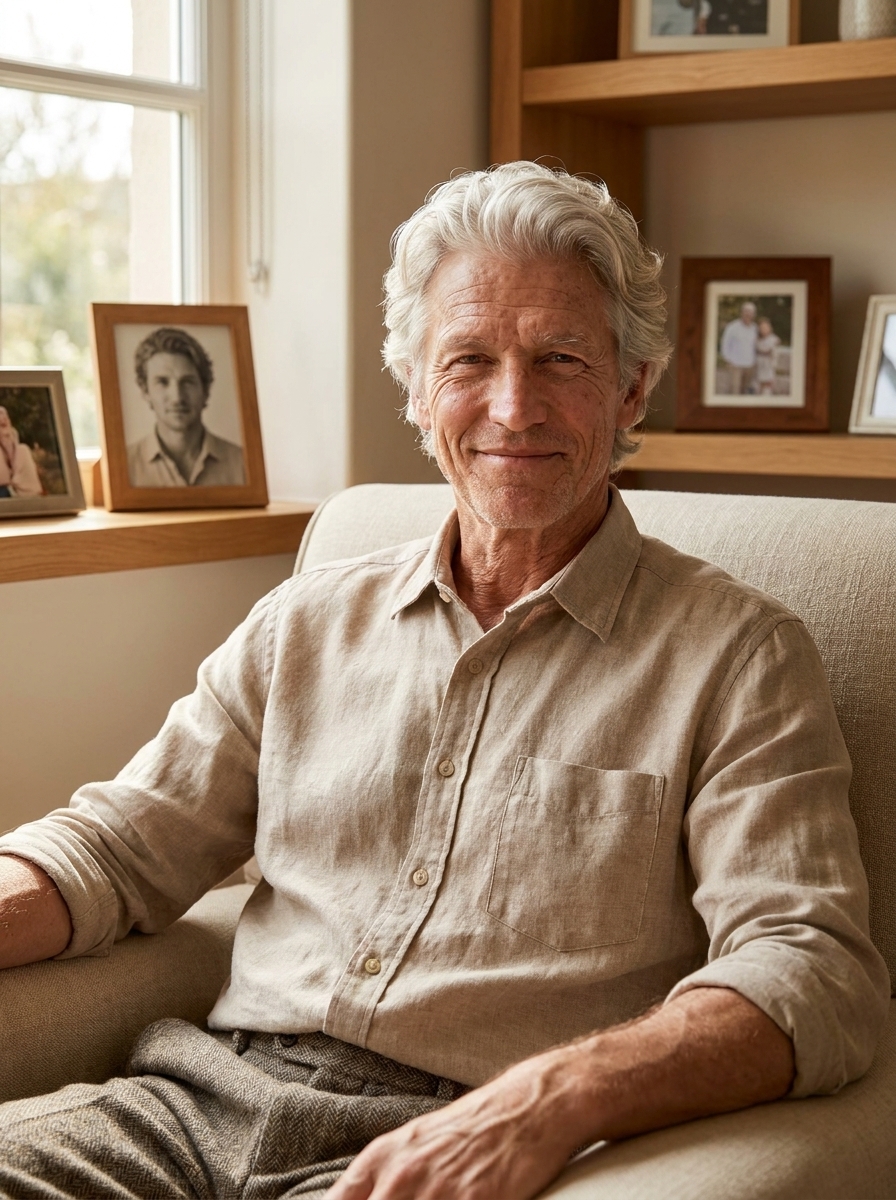 80-Year-Old You AI photo style example generated with Elyra — Meet your future self — laugh lines earned, style intact.