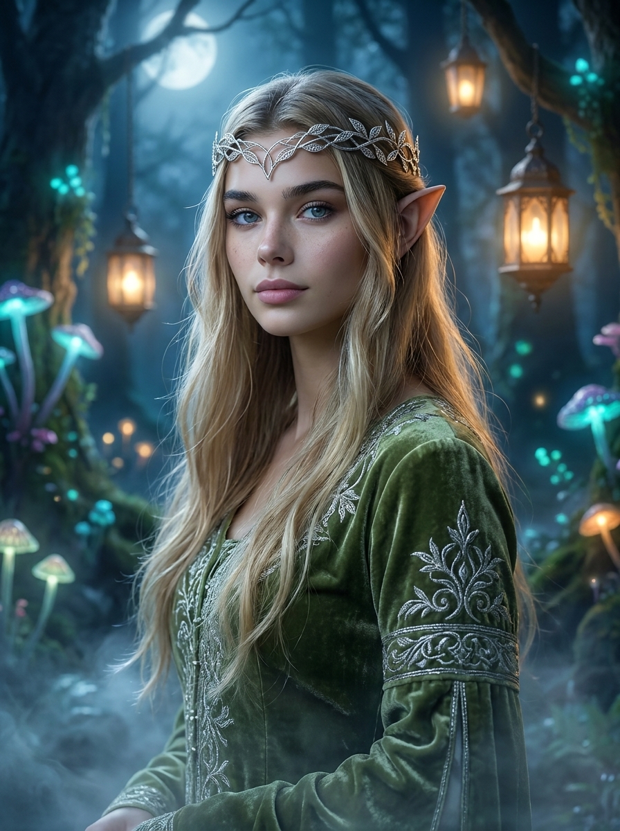 Elven Royalty AI photo style example generated with Elyra — Silver circlet, moonlit forest court, ageless grace.