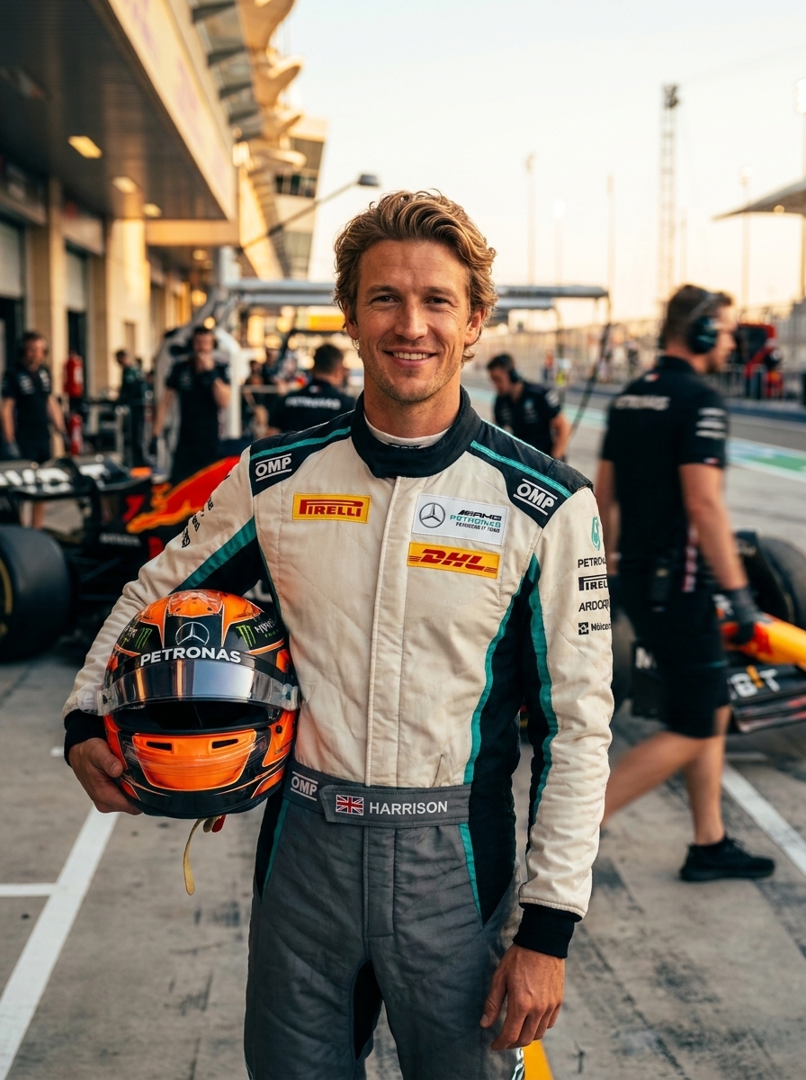 Grand Prix Driver AI photo style example generated with Elyra — Race suit, champagne light, podium-day portrait.