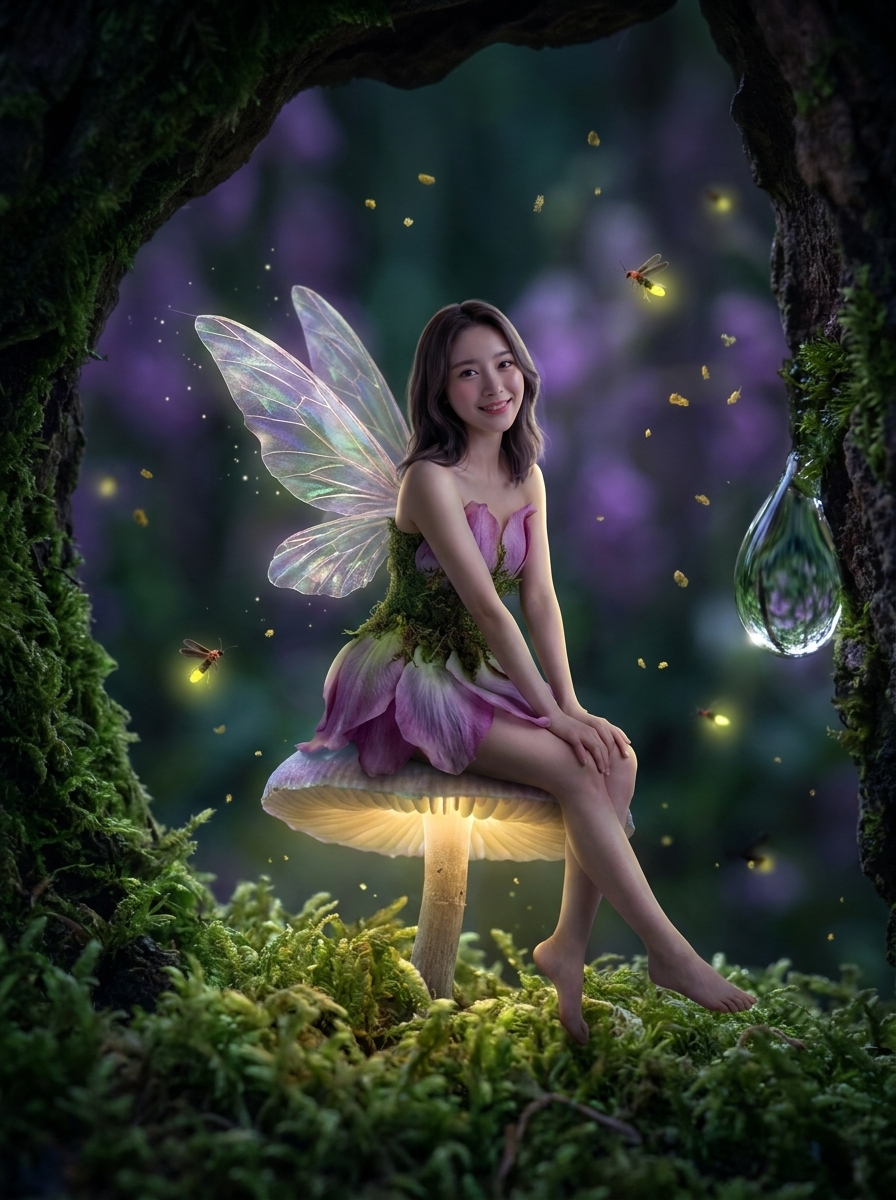Fairy of the Glade AI photo style example generated with Elyra — Translucent wings in a firefly-lit hollow.