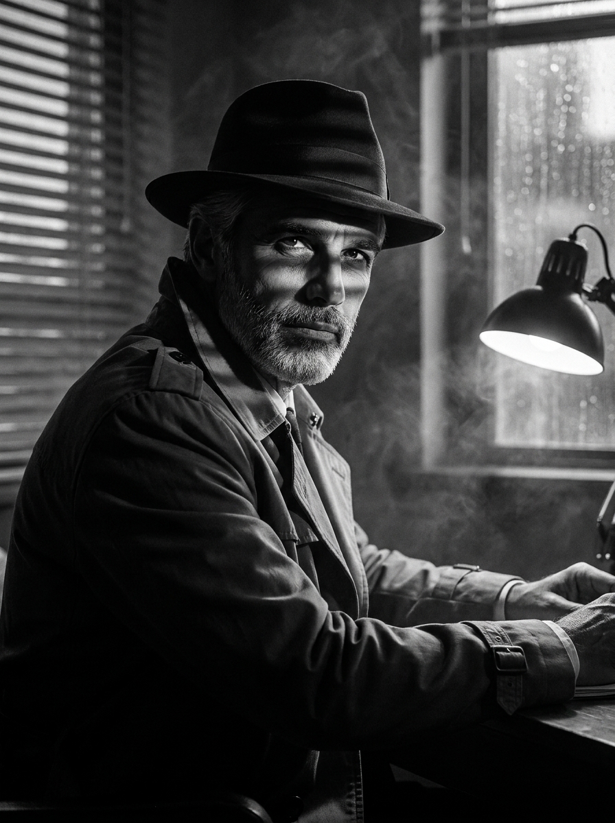 Film Noir Detective AI photo style example generated with Elyra — Venetian-blind shadows and cigarette-smoke mystery.