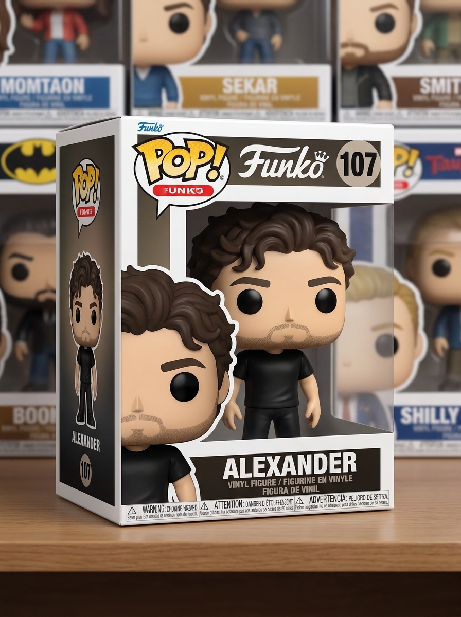 Funko Pop Box AI photo style example generated with Elyra — Big head, black eyes, boxed and ready for the shelf.