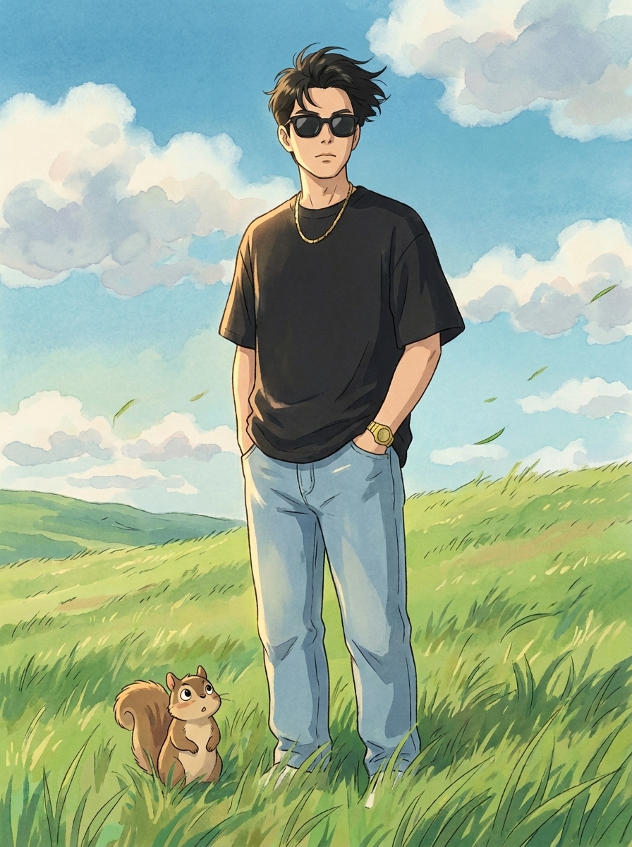 Ghibli Daydream AI photo style example generated with Elyra — Hand-painted anime warmth, wind in the grass.