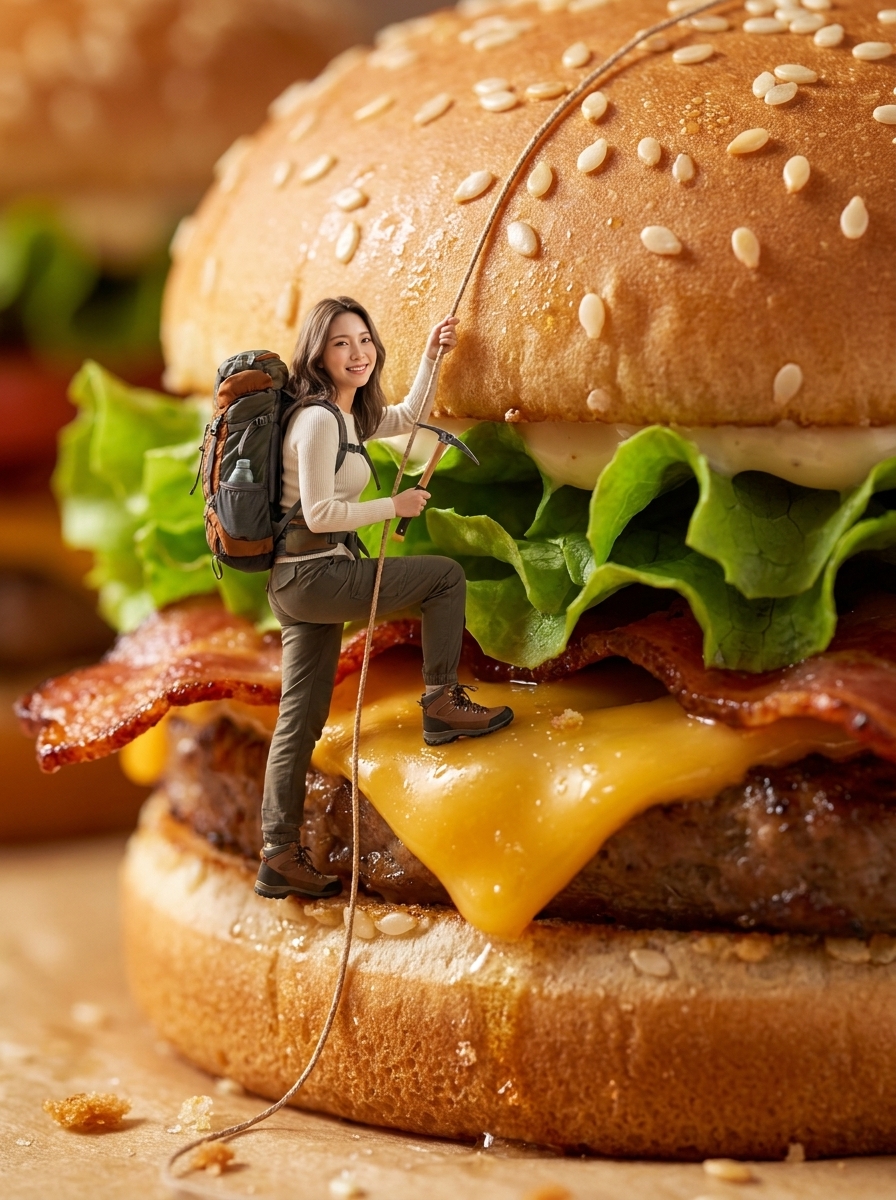 Tiny You, Giant Food AI photo style example generated with Elyra — Scaling a burger the size of a building.