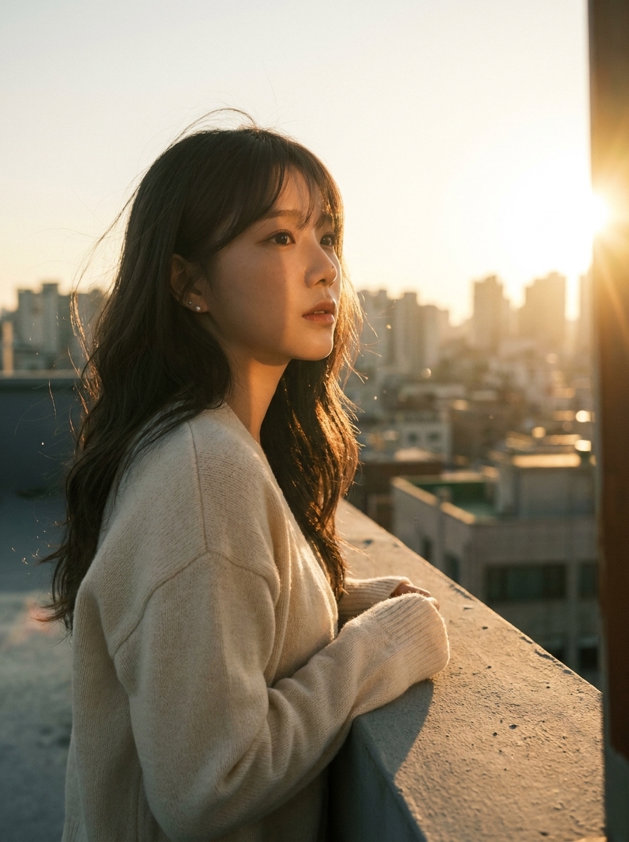 Golden Hour Rooftop AI photo style example generated with Elyra — City skyline, warm dusk, main-character silence.
