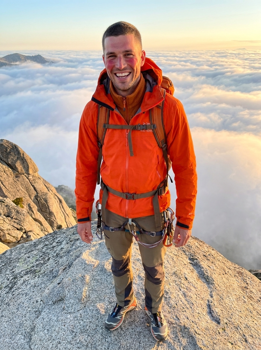 Gorpcore Summit AI photo style example generated with Elyra — Technical shells and alpine mist — trail-to-feed fit.