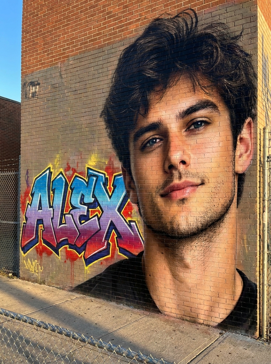 Graffiti Wall Piece AI photo style example generated with Elyra — Ten feet tall in wildstyle spray on brick.