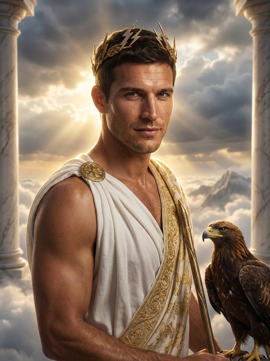Olympian Deity AI photo style example generated with Elyra — Toga, thunderlight, and a temple in the clouds.