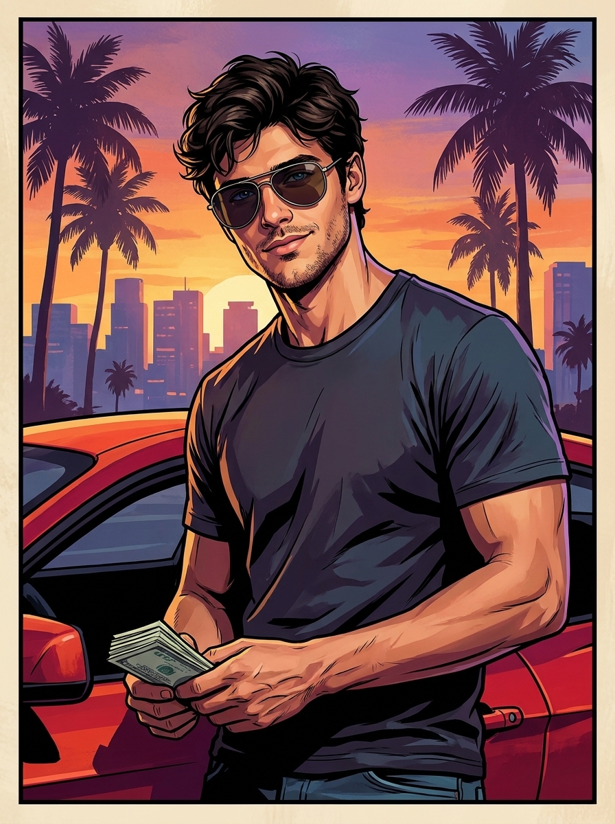 GTA Loading Screen AI photo style example generated with Elyra — You in the iconic open-world loading-screen art style.