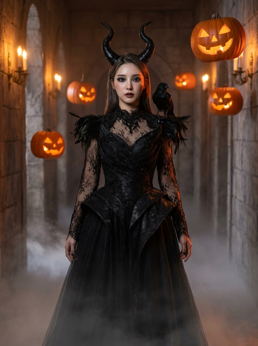 Halloween Couture AI photo style example generated with Elyra — High-fashion haunt — elegant, eerie, unforgettable.