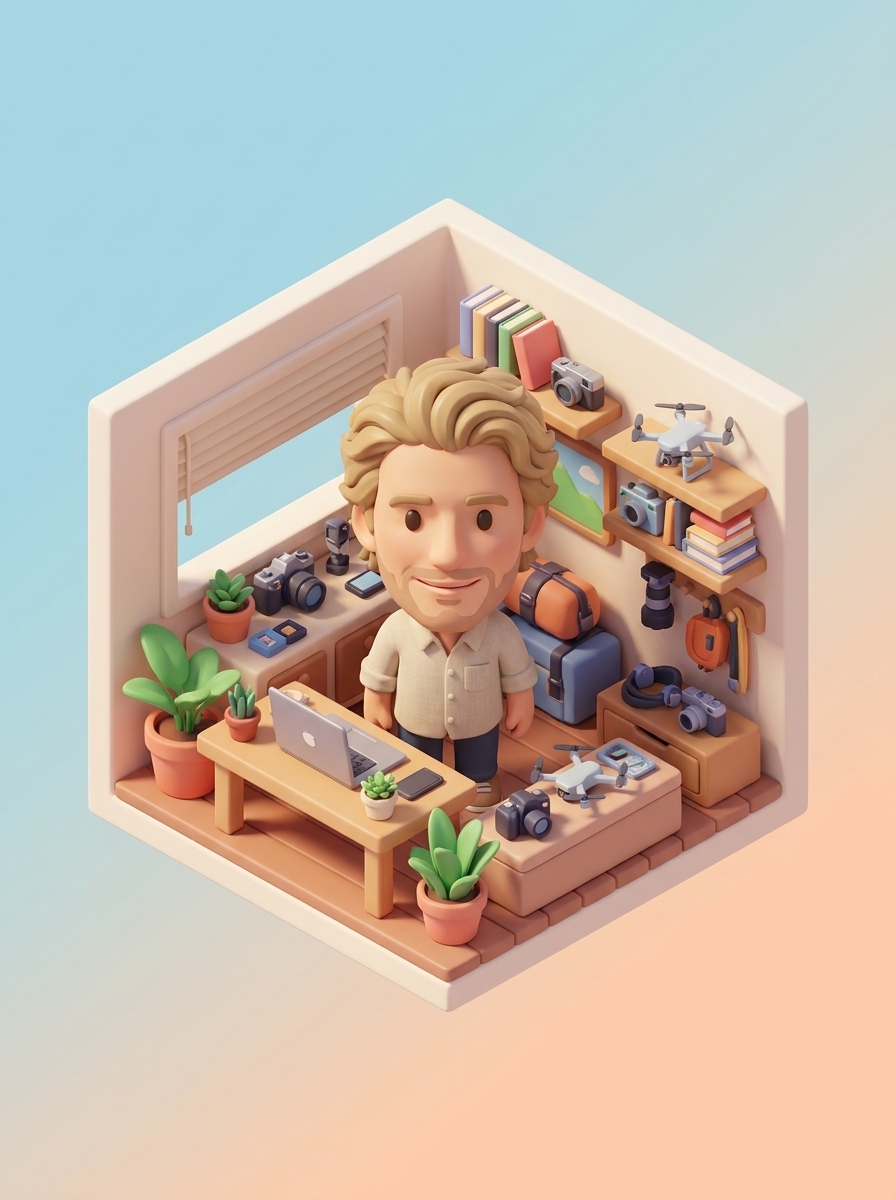 Isometric Tiny World AI photo style example generated with Elyra — Your whole life shrunk into one floating diorama cube.
