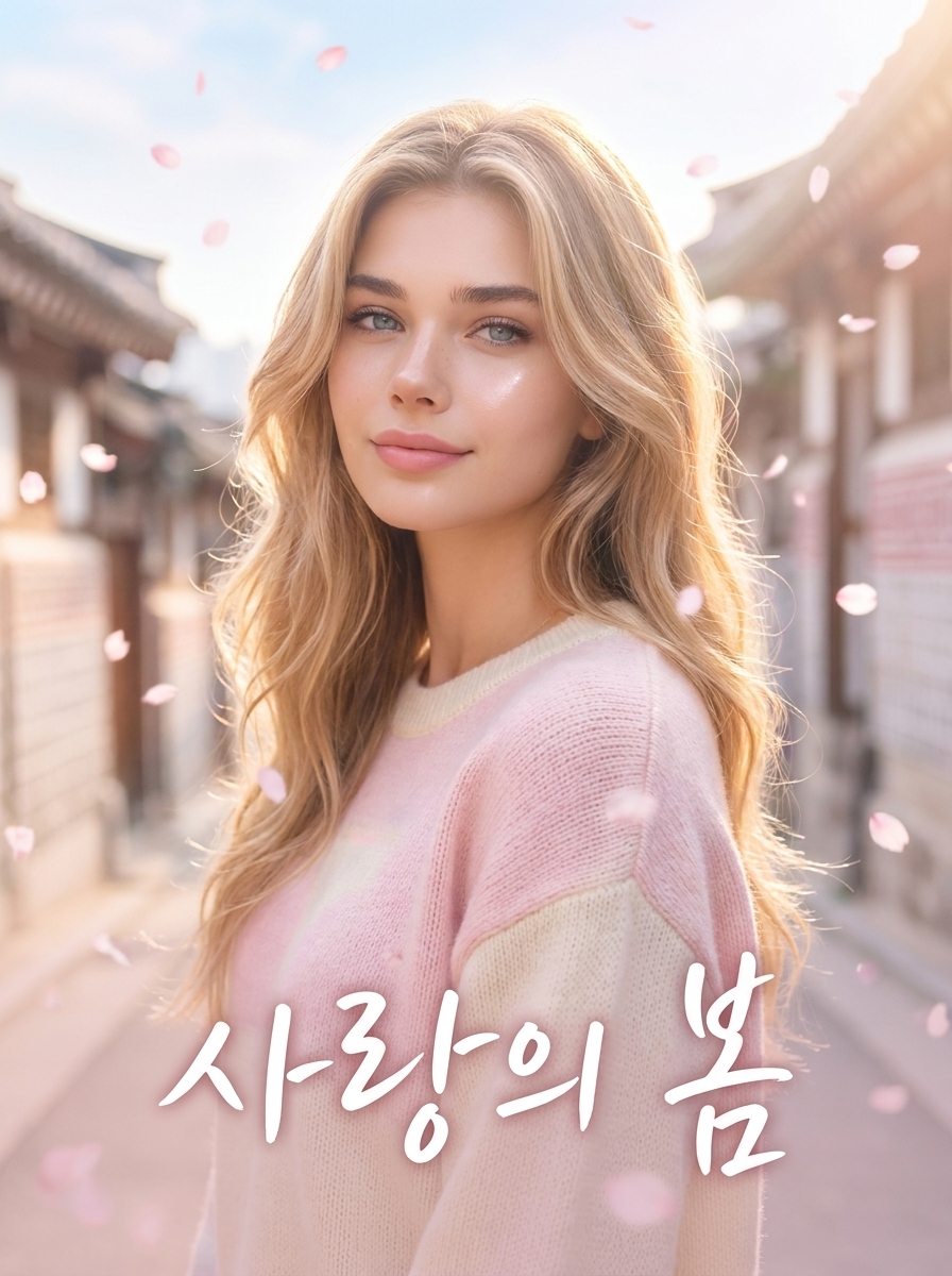 K-Drama Lead AI photo style example generated with Elyra — Soft-focus romance poster with cherry blossom bokeh.