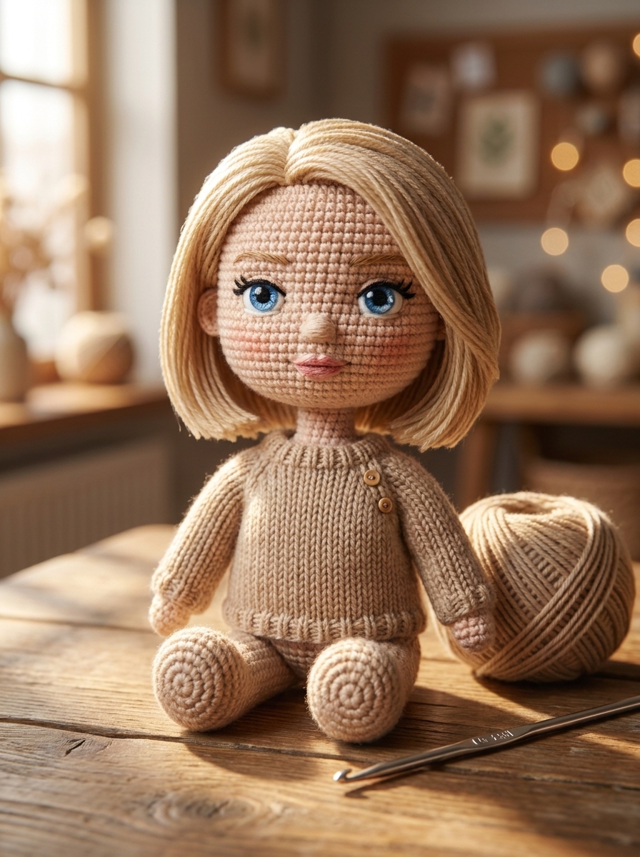 Knitted Doll AI photo style example generated with Elyra — Soft crochet amigurumi version of you, stitch by stitch.