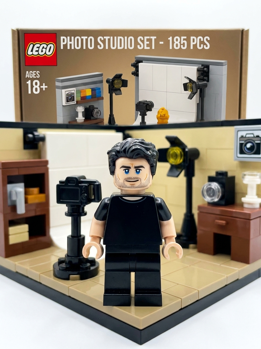 LEGO Minifigure AI photo style example generated with Elyra — Snap-together you, fresh out of the brick box.