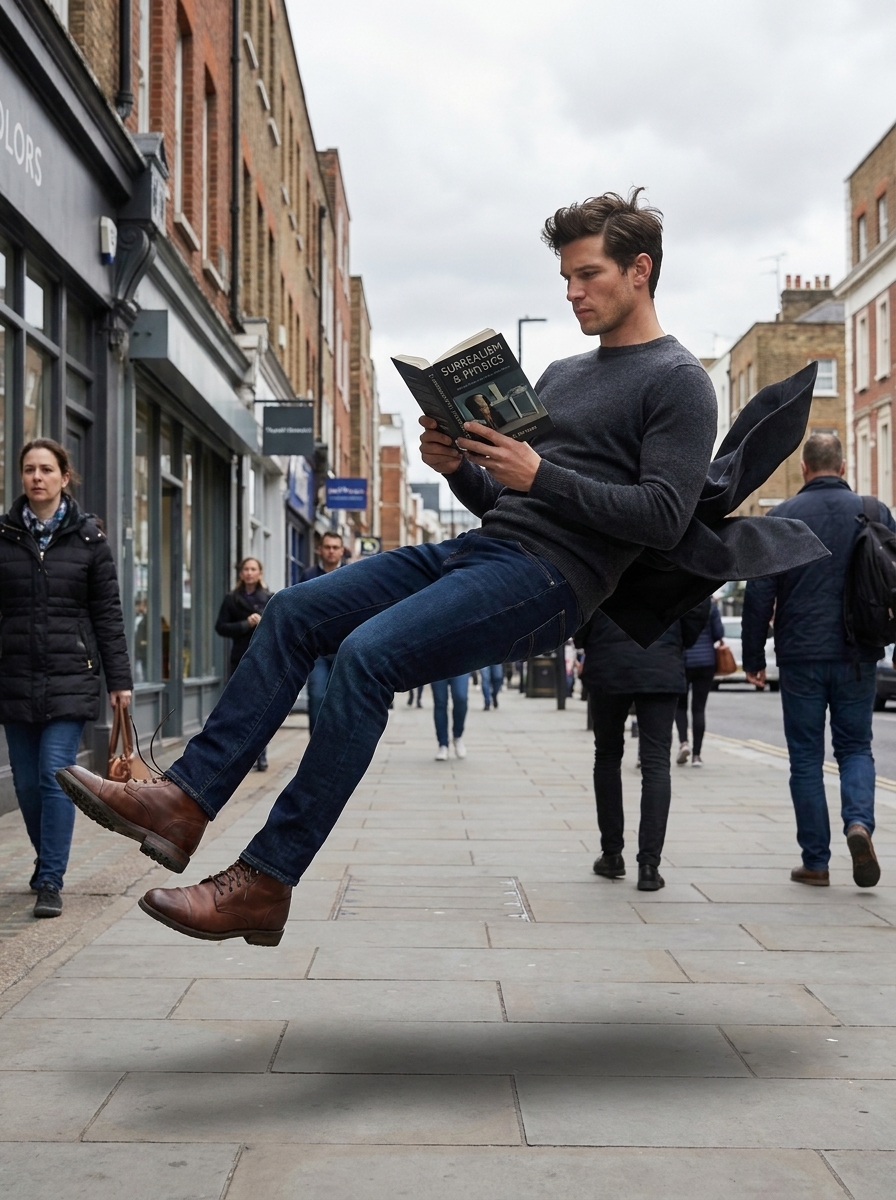 Casual Levitation AI photo style example generated with Elyra — Floating two feet off the sidewalk like it's nothing.