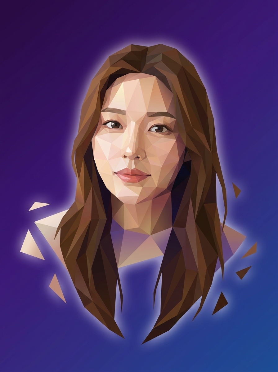 Low Poly Portrait AI photo style example generated with Elyra — You, rebuilt from a thousand glowing triangles.