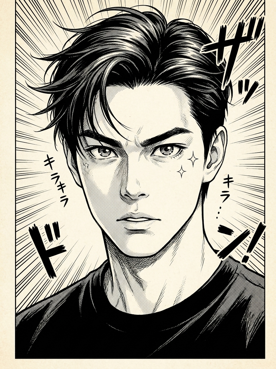 Manga Protagonist AI photo style example generated with Elyra — Screentone drama and wind-blown determination.
