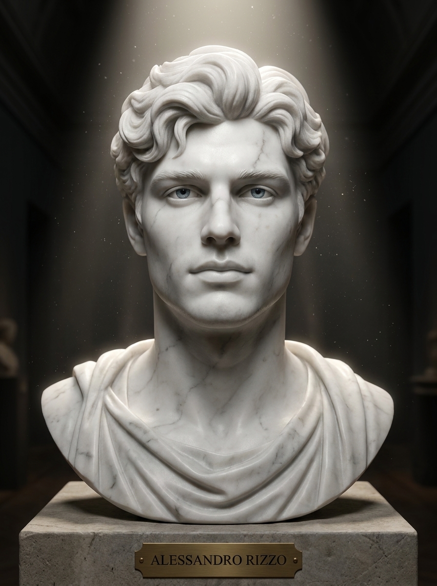 Living Marble Statue AI photo style example generated with Elyra — Carrara marble you, spotlit in an empty museum hall.